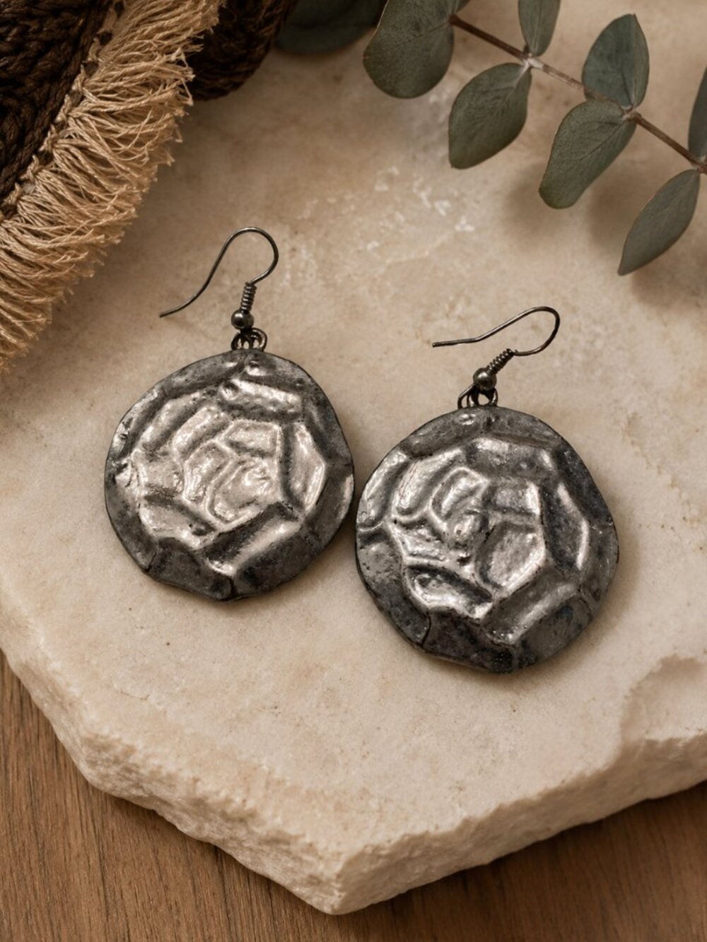 Faux Silver Round Hammered Disc Dangle Boho Statement Earrings